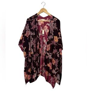 New World Market Burgundy Burnout Velvet Floral Kimono OS